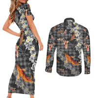 Black Palaka Hawaiian And Japanese Couples Matching Short Sleeve Bodycon Dress and Long Sleeve Button Shirt Sakura Lei With Koi Fish DT05 - Polynesian Pride