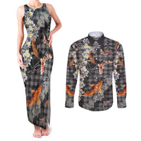 Black Palaka Hawaiian And Japanese Couples Matching Tank Maxi Dress and Long Sleeve Button Shirt Sakura Lei With Koi Fish DT05 Black - Polynesian Pride