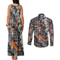Black Palaka Hawaiian And Japanese Couples Matching Tank Maxi Dress and Long Sleeve Button Shirt Sakura Lei With Koi Fish DT05 - Polynesian Pride