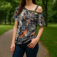 Black Palaka Hawaiian And Japanese Cross Shoulder Shirt Sakura Lei With Koi Fish - Polynesian Pride