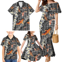 Black Palaka Hawaiian And Japanese Family Matching Mermaid Dress and Hawaiian Shirt Sakura Lei With Koi Fish DT05 - Polynesian Pride