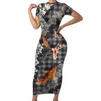 Black Palaka Hawaiian And Japanese Family Matching Short Sleeve Bodycon Dress and Hawaiian Shirt Sakura Lei With Koi Fish DT05 Mom's Dress Black - Polynesian Pride