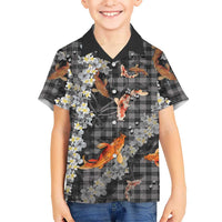 Black Palaka Hawaiian And Japanese Family Matching Short Sleeve Bodycon Dress and Hawaiian Shirt Sakura Lei With Koi Fish DT05 Son's Shirt Black - Polynesian Pride