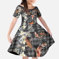 Black Palaka Hawaiian And Japanese Family Matching Summer Maxi Dress and Hawaiian Shirt Sakura Lei With Koi Fish DT05 Daughter's Dress Black - Polynesian Pride