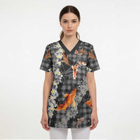 Black Palaka Hawaiian And Japanese Scrub Top Sakura Lei With Koi Fish - Polynesian Pride