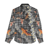 Black Palaka Hawaiian And Japanese Women Casual Shirt Sakura Lei With Koi Fish DT05 - Polynesian Pride