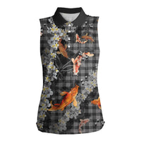 Black Palaka Hawaiian And Japanese Women Sleeveless Polo Shirt Sakura Lei With Koi Fish DT05 Female Black - Polynesian Pride