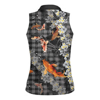 Black Palaka Hawaiian And Japanese Women Sleeveless Polo Shirt Sakura Lei With Koi Fish DT05 - Polynesian Pride