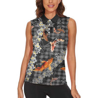 Black Palaka Hawaiian And Japanese Women Sleeveless Polo Shirt Sakura Lei With Koi Fish DT05 - Polynesian Pride