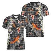Black Palaka Hawaiian And Japanese Women V-Neck T-Shirt Sakura Lei With Koi Fish DT05 - Polynesian Pride