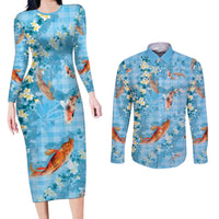 Blue Palaka Hawaiian And Japanese Couples Matching Long Sleeve Bodycon Dress and Long Sleeve Button Shirt Sakura Lei With Koi Fish DT05 Blue - Polynesian Pride