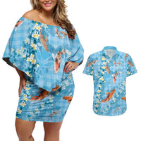 Blue Palaka Hawaiian And Japanese Couples Matching Off Shoulder Short Dress and Hawaiian Shirt Sakura Lei With Koi Fish DT05 Blue - Polynesian Pride