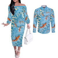Blue Palaka Hawaiian And Japanese Couples Matching Off The Shoulder Long Sleeve Dress and Long Sleeve Button Shirt Sakura Lei With Koi Fish DT05 Blue - Polynesian Pride