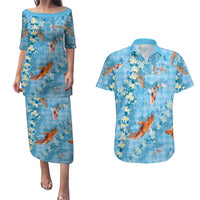 Blue Palaka Hawaiian And Japanese Couples Matching Puletasi and Hawaiian Shirt Sakura Lei With Koi Fish DT05 Blue - Polynesian Pride