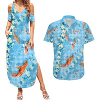 Blue Palaka Hawaiian And Japanese Couples Matching Summer Maxi Dress and Hawaiian Shirt Sakura Lei With Koi Fish DT05 Blue - Polynesian Pride