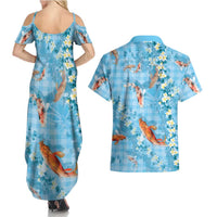 Blue Palaka Hawaiian And Japanese Couples Matching Summer Maxi Dress and Hawaiian Shirt Sakura Lei With Koi Fish DT05 - Polynesian Pride