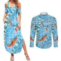 Blue Palaka Hawaiian And Japanese Couples Matching Summer Maxi Dress and Long Sleeve Button Shirt Sakura Lei With Koi Fish DT05 Blue - Polynesian Pride