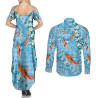 Blue Palaka Hawaiian And Japanese Couples Matching Summer Maxi Dress and Long Sleeve Button Shirt Sakura Lei With Koi Fish DT05 - Polynesian Pride