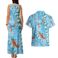 Blue Palaka Hawaiian And Japanese Couples Matching Tank Maxi Dress and Hawaiian Shirt Sakura Lei With Koi Fish DT05 - Polynesian Pride