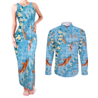 Blue Palaka Hawaiian And Japanese Couples Matching Tank Maxi Dress and Long Sleeve Button Shirt Sakura Lei With Koi Fish DT05 Blue - Polynesian Pride