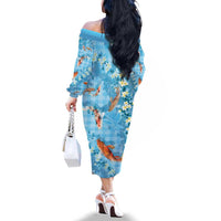 Blue Palaka Hawaiian And Japanese Family Matching Off The Shoulder Long Sleeve Dress and Hawaiian Shirt Sakura Lei With Koi Fish DT05 - Polynesian Pride