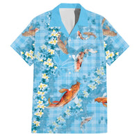 Blue Palaka Hawaiian And Japanese Family Matching Off Shoulder Short Dress and Hawaiian Shirt Sakura Lei With Koi Fish DT05 Dad's Shirt - Short Sleeve Blue - Polynesian Pride