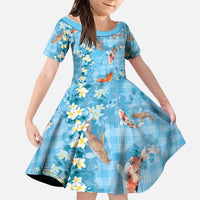 Blue Palaka Hawaiian And Japanese Family Matching Summer Maxi Dress and Hawaiian Shirt Sakura Lei With Koi Fish DT05 Daughter's Dress Blue - Polynesian Pride
