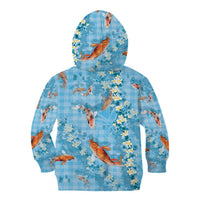 Blue Palaka Hawaiian And Japanese Kid Hoodie Sakura Lei With Koi Fish - Polynesian Pride