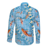 Blue Palaka Hawaiian And Japanese Long Sleeve Button Shirt Sakura Lei With Koi Fish - Polynesian Pride