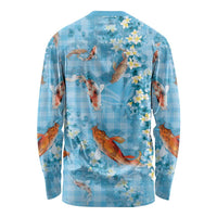 Blue Palaka Hawaiian And Japanese Long Sleeve Shirt Sakura Lei With Koi Fish - Polynesian Pride