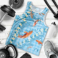Blue Palaka Hawaiian And Japanese Men Tank Top Sakura Lei With Koi Fish - Polynesian Pride