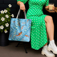 Blue Palaka Hawaiian And Japanese Tote Bag Sakura Lei With Koi Fish - Polynesian Pride