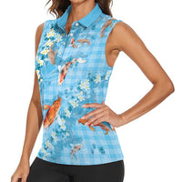 Blue Palaka Hawaiian And Japanese Women Sleeveless Polo Shirt Sakura Lei With Koi Fish DT05 - Polynesian Pride
