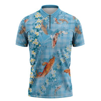 Blue Palaka Hawaiian And Japanese Zipper Polo Shirt Sakura Lei With Koi Fish - Polynesian Pride
