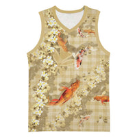 Beige Palaka Hawaiian And Japanese Basketball Jersey Sakura Lei With Koi Fish - Polynesian Pride