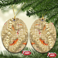 Beige Palaka Hawaiian And Japanese Ceramic Ornament Sakura Lei With Koi Fish - Polynesian Pride