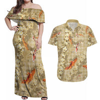 Beige Palaka Hawaiian And Japanese Couples Matching Off Shoulder Maxi Dress and Hawaiian Shirt Sakura Lei With Koi Fish DT05 Beige - Polynesian Pride