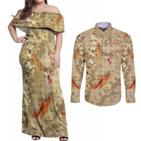 Beige Palaka Hawaiian And Japanese Couples Matching Off Shoulder Maxi Dress and Long Sleeve Button Shirt Sakura Lei With Koi Fish DT05 Beige - Polynesian Pride