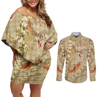 Beige Palaka Hawaiian And Japanese Couples Matching Off Shoulder Short Dress and Long Sleeve Button Shirt Sakura Lei With Koi Fish DT05 Beige - Polynesian Pride