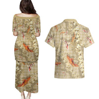 Beige Palaka Hawaiian And Japanese Couples Matching Puletasi and Hawaiian Shirt Sakura Lei With Koi Fish DT05 - Polynesian Pride