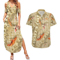 Beige Palaka Hawaiian And Japanese Couples Matching Summer Maxi Dress and Hawaiian Shirt Sakura Lei With Koi Fish DT05 Beige - Polynesian Pride