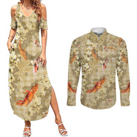 Beige Palaka Hawaiian And Japanese Couples Matching Summer Maxi Dress and Long Sleeve Button Shirt Sakura Lei With Koi Fish DT05 Beige - Polynesian Pride
