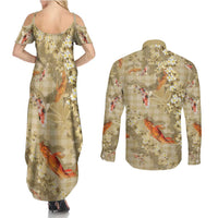 Beige Palaka Hawaiian And Japanese Couples Matching Summer Maxi Dress and Long Sleeve Button Shirt Sakura Lei With Koi Fish DT05 - Polynesian Pride