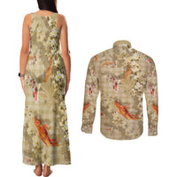 Beige Palaka Hawaiian And Japanese Couples Matching Tank Maxi Dress and Long Sleeve Button Shirt Sakura Lei With Koi Fish DT05 - Polynesian Pride
