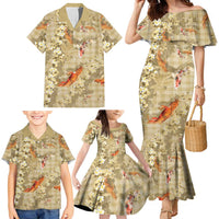 Beige Palaka Hawaiian And Japanese Family Matching Mermaid Dress and Hawaiian Shirt Sakura Lei With Koi Fish DT05 - Polynesian Pride