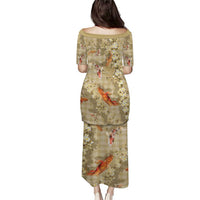 Beige Palaka Hawaiian And Japanese Family Matching Puletasi and Hawaiian Shirt Sakura Lei With Koi Fish DT05 - Polynesian Pride