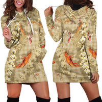 Beige Palaka Hawaiian And Japanese Hoodie Dress Sakura Lei With Koi Fish DT05 - Polynesian Pride