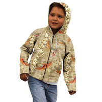 Beige Palaka Hawaiian And Japanese Kid Hoodie Sakura Lei With Koi Fish - Polynesian Pride