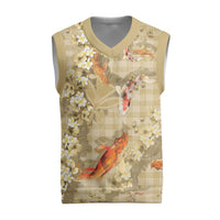 Beige Palaka Hawaiian And Japanese Christmas Knitted V-Neck Vest Sakura Lei With Koi Fish DT05 Beige - Polynesian Pride