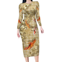 Beige Palaka Hawaiian And Japanese Long Sleeve Bodycon Dress Sakura Lei With Koi Fish DT05 Long Dress Beige - Polynesian Pride
